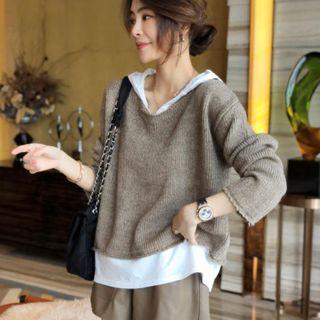 Mock Two-piece Hooded Panel Knit Top