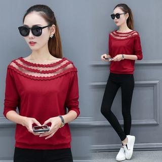 Mesh Trim Long-sleeve Top