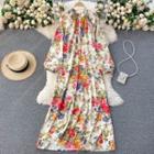 Long-sleeve Floral Midi A-line Dress Almond - One Size