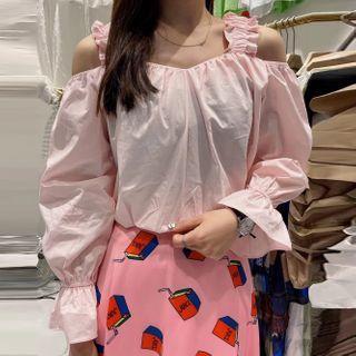 Long-sleeve Cold Shoulder Frill Trim Blouse