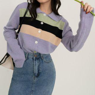 Long Sleeve Color Block Polo Neck Knit Top
