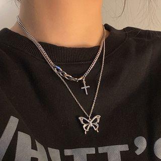 Butterfly & Cross Layered Necklace Silver - One Size