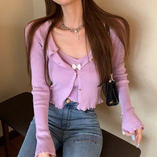Set: Bow-detail Camisole Top + Plain Cropped Cardigan