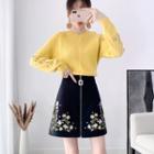 Long-sleeve Flower Embroidered Knit Sweater+high-waist Flower Printed Zip Skirt