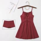 Set: Spaghetti-strap Lace-up Swim Dress + Shorts