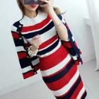 Set: Short-sleeve Striped Knit Top + Fitted Skirt + Cardigan Set Of 3 - Cardigan & Top & Skirt - Stripe - One Size