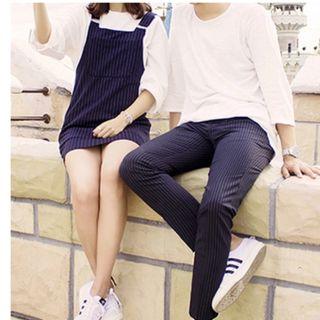 Couple Matching Striped Pinafore Dress / Striped Dress Pants