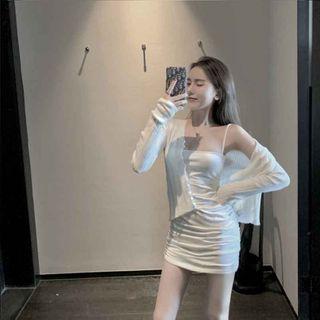 Spaghetti Strap Mini A-line Dress / V-neck Ribbed Cardigan