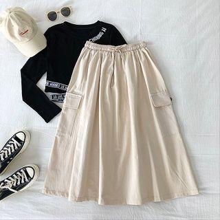 Plain High-waist Cargo A-line Skirt