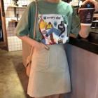 Print Short-sleeve T-shirt / Dual-pocket A-line Skirt