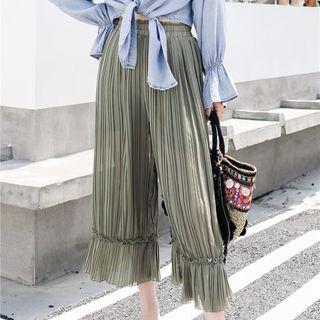 Frill Trim Chiffon Cropped Wide-leg Pants Green - One Size