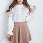 Stand Collar Floral Embroidered Blouse