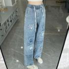 Drawstring Cartoon Print Wide Leg Jeans