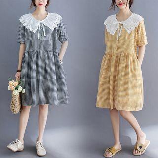 Elbow-sleeve Collared Gingham A-line Dress