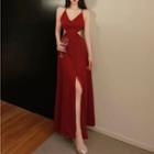 Spaghetti Strap V-neck Cut Out Slit Maxi Dress