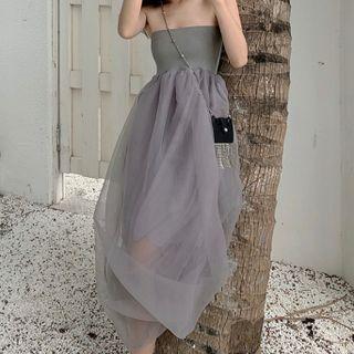 Strapless Mesh Overlay A-line Dress
