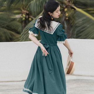 Short-sleeve Sailor Collar Lace Trim Midi A-line Dress