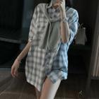 Set: Plaid Elbow-sleeve Shirt + Denim Shawl Plaid Shirt & Denim Shawl - One Size