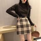 Set: Mock-turtleneck Long-sleeve Velvet Top + Plaid Mini A-line Skirt