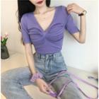 Short-sleeve V-neck Ruffled Knit Top