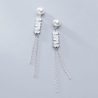 925 Sterling Silver Faux Pearl Rhinestone Fringed Earring 1 Pair - S925 Silver - One Size