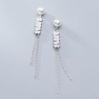 925 Sterling Silver Faux Pearl Rhinestone Fringed Earring 1 Pair - S925 Silver - One Size