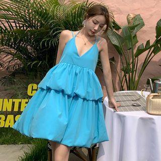 Strappy Tiered Puffy Mini A-line Dress