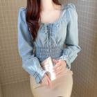 Square-neck Smock Denim Blouse Light Blue - One Size