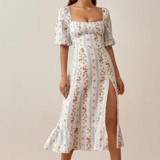 Puff-sleeve Floral Print Slit Midi Mermaid Dress