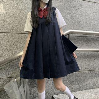 Pleated Overall Dress / Short-sleeve Bow Tie Shirt