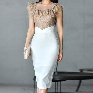 Set: Sleeveless Ruffle Trim Lace Top + Midi Pencil Skirt