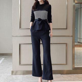 Set: Houndstooth Long-sleeve Top + Boot-cut Dress Pants