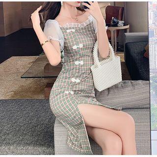 Short-sleeve Panel Plaid Dress