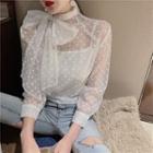Long-sleeve Tie-neck Dotted Mesh Top White - One Size