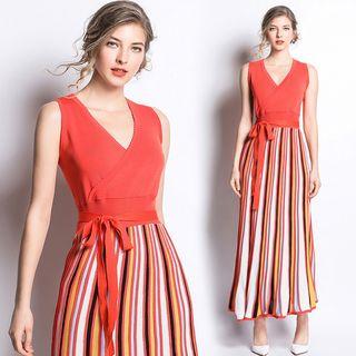 Sleeveless Striped Panel A-line Midi Knit Dress Orange Red - One Size