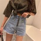 Front Zip Washed Frayed Denim Shorts