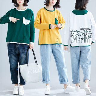 Contrast Trim Giraffe Print Long-sleeve T-shirt