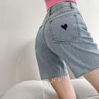 High-waist Frayed Heart Embroidered Straight Leg Denim Shorts