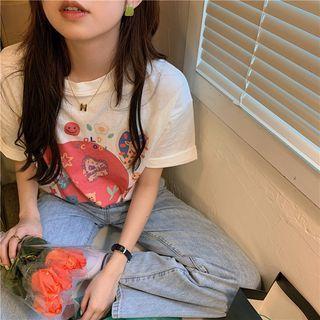 Short-sleeve Cartoon Print T-shirt Off-white - One Size