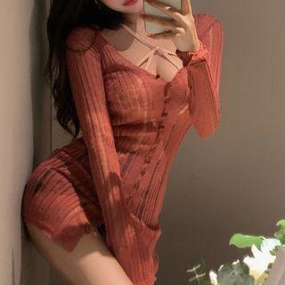 Long-sleeve Striped Knit Top Light Red - One Size