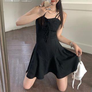 Plain Lace-up Spaghetti Strap Dress
