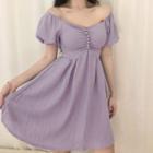 Puff-sleeve Ruched Button-up Mini A-line Dress Purple - One Size