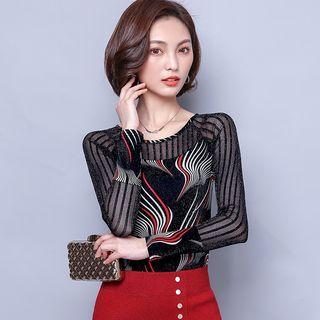 Striped Panel Long Sleeve Mesh Top