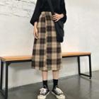 Front Flap Plaid Woolen Midi Skirt