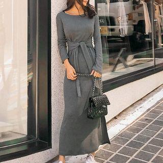Long-sleeve Off-shoulder Maxi Dress With Sash
