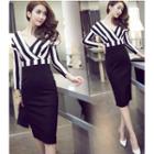 V-neck Striped Panel Long-sleeve Sheath Dress