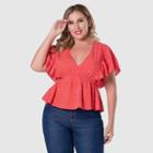 Plus Size Short-sleeve V Neck Ruffled Trim Dot Print Blouse