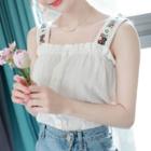 Sleeveless Flower-embroidered Blouse Ivory - One Size