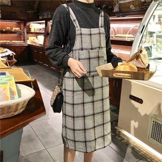 Long Sleeve Plain Top + Plaid Jumper Dress