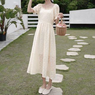 Puff-sleeve Textured A-line Midi Dress